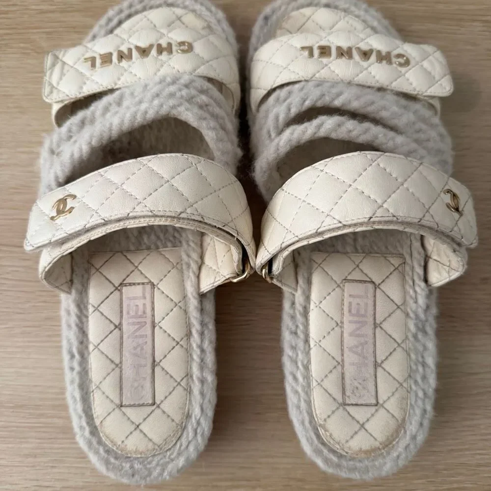 Chanel Interlocking CC Logo Quilted Leather and Rope Slide Sandals 40